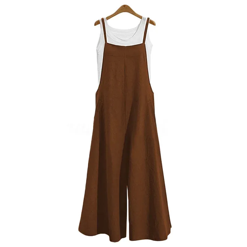 Women’s Summer Jumpsuit - Sleeveless Wide Leg Dungaree Bib Overalls, Casual Cotton Blend