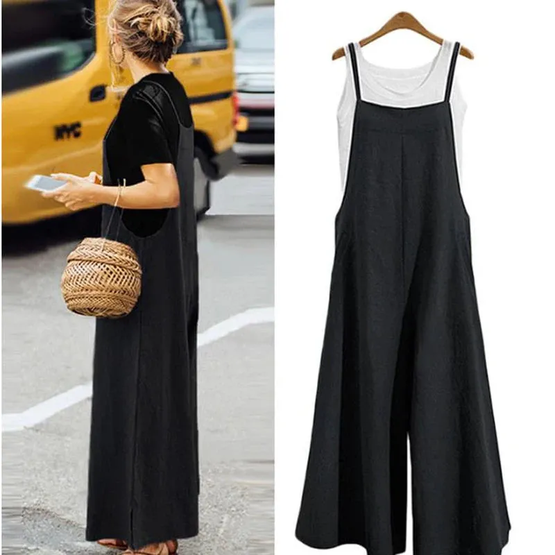 Women’s Summer Jumpsuit - Sleeveless Wide Leg Dungaree Bib Overalls, Casual Cotton Blend
