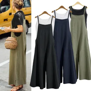 Women’s Summer Jumpsuit - Sleeveless Wide Leg Dungaree Bib Overalls, Casual Cotton Blend