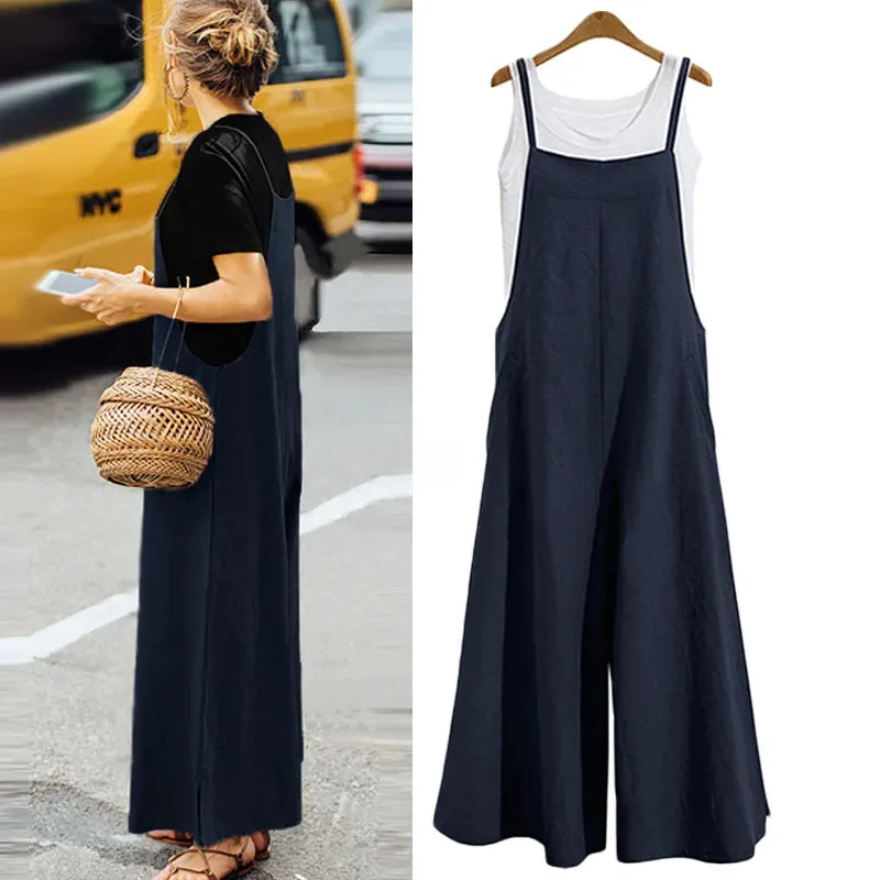Women’s Summer Jumpsuit - Sleeveless Wide Leg Dungaree Bib Overalls, Casual Cotton Blend