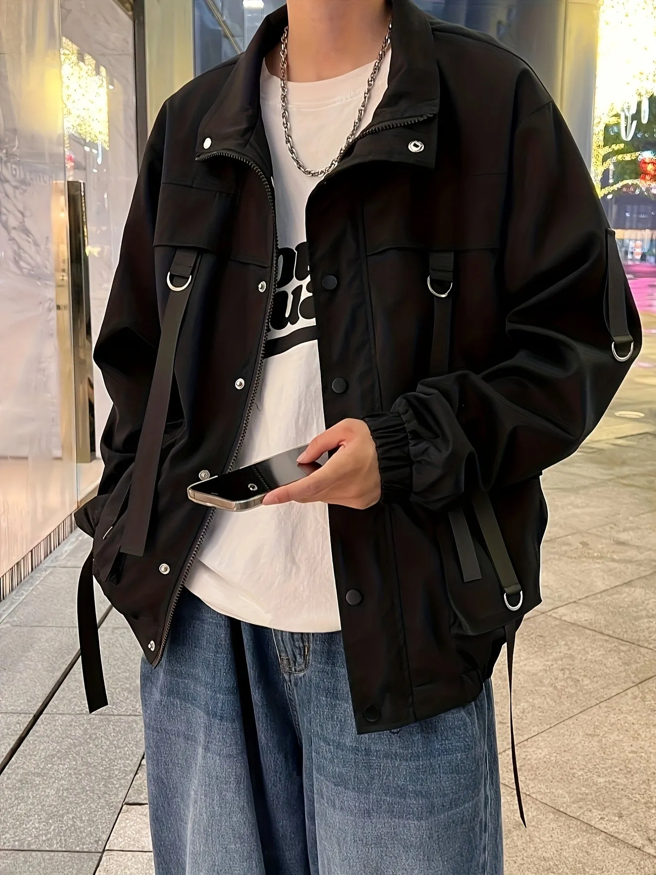 xieyinshe  Men's Chic Techwear Jacket, Street Style Multi Pocket Jacket For Spring Fall