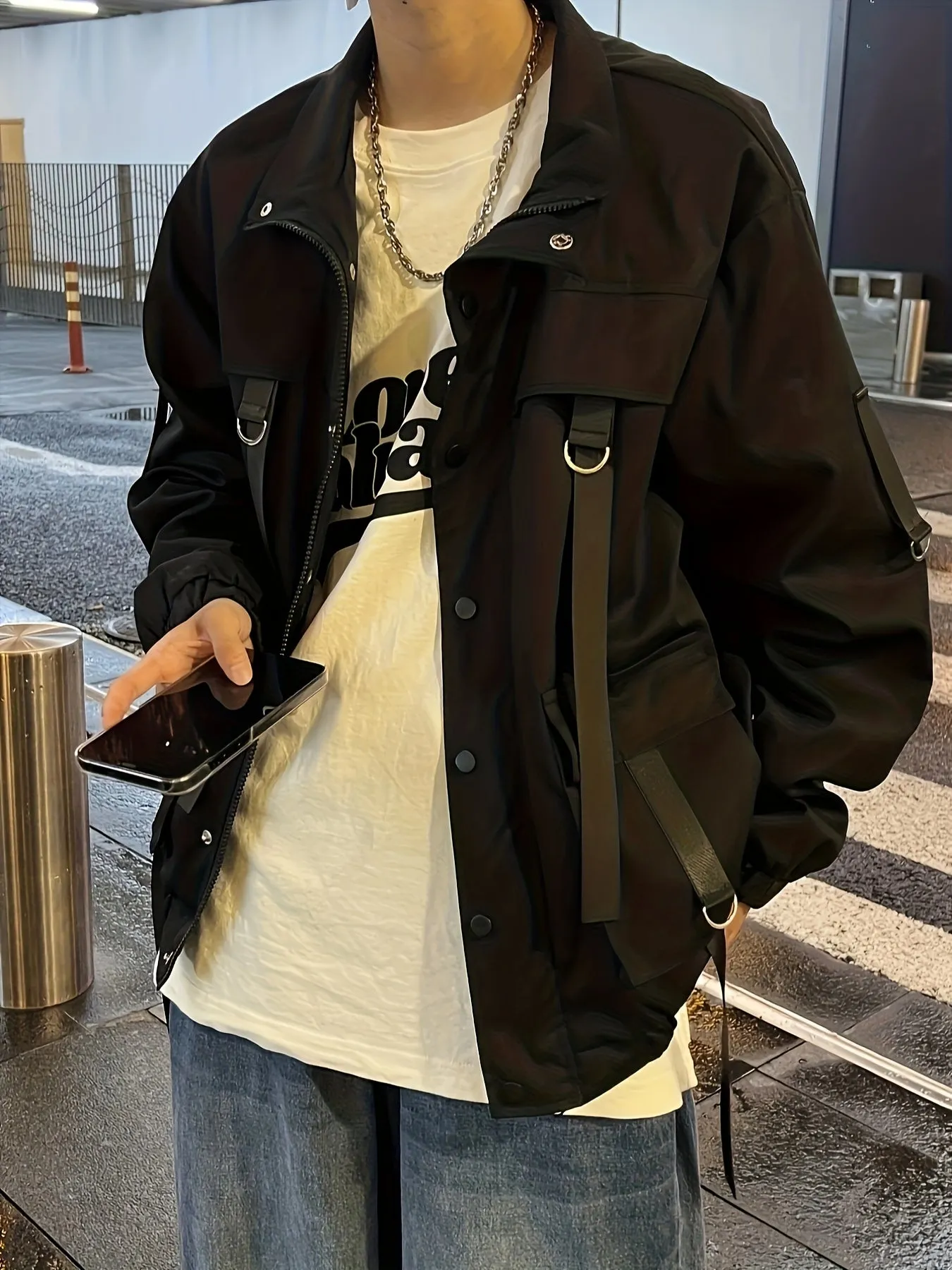 xieyinshe  Men's Chic Techwear Jacket, Street Style Multi Pocket Jacket For Spring Fall