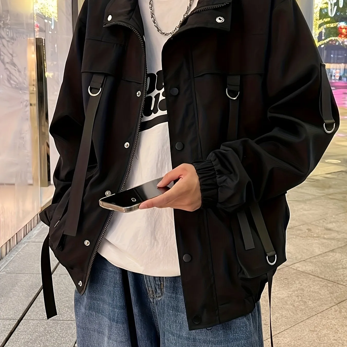 xieyinshe  Men's Chic Techwear Jacket, Street Style Multi Pocket Jacket For Spring Fall