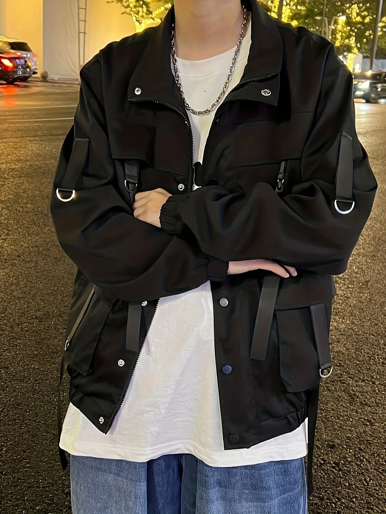 xieyinshe  Men's Chic Techwear Jacket, Street Style Multi Pocket Jacket For Spring Fall