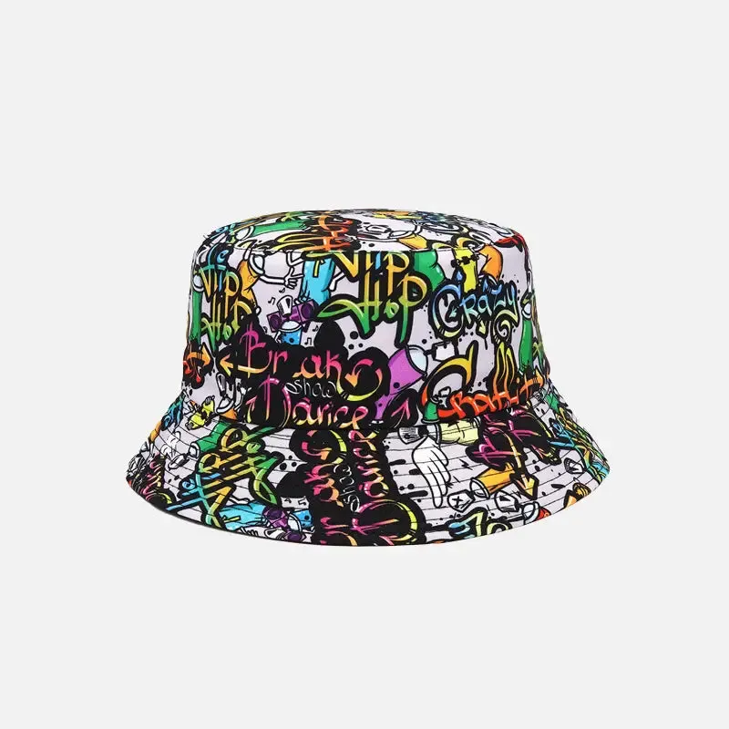 Y2K Cartoon Pattern Hip Hop Bucket Hat in Polyester and Cotton