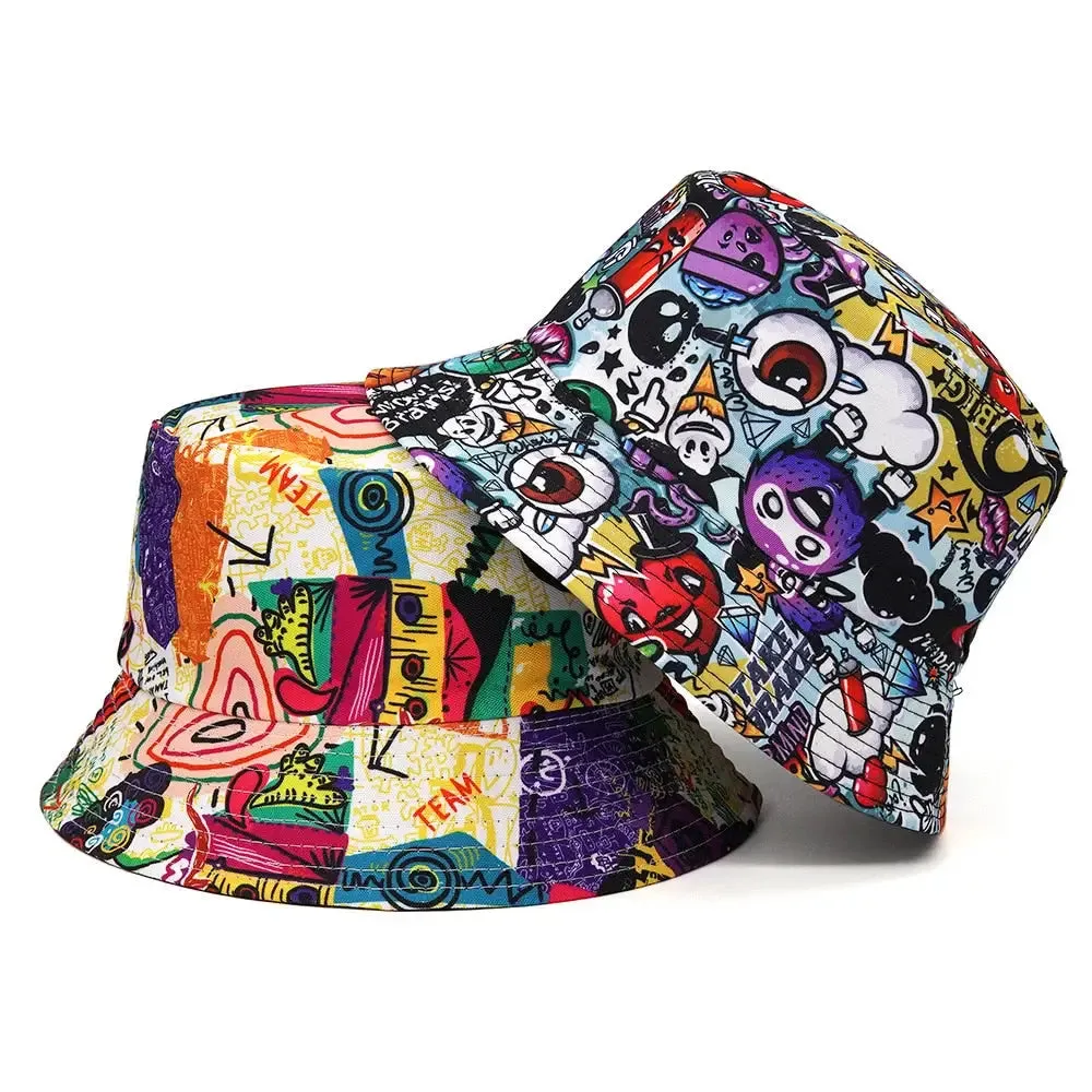 Y2K Cartoon Pattern Hip Hop Bucket Hat in Polyester and Cotton