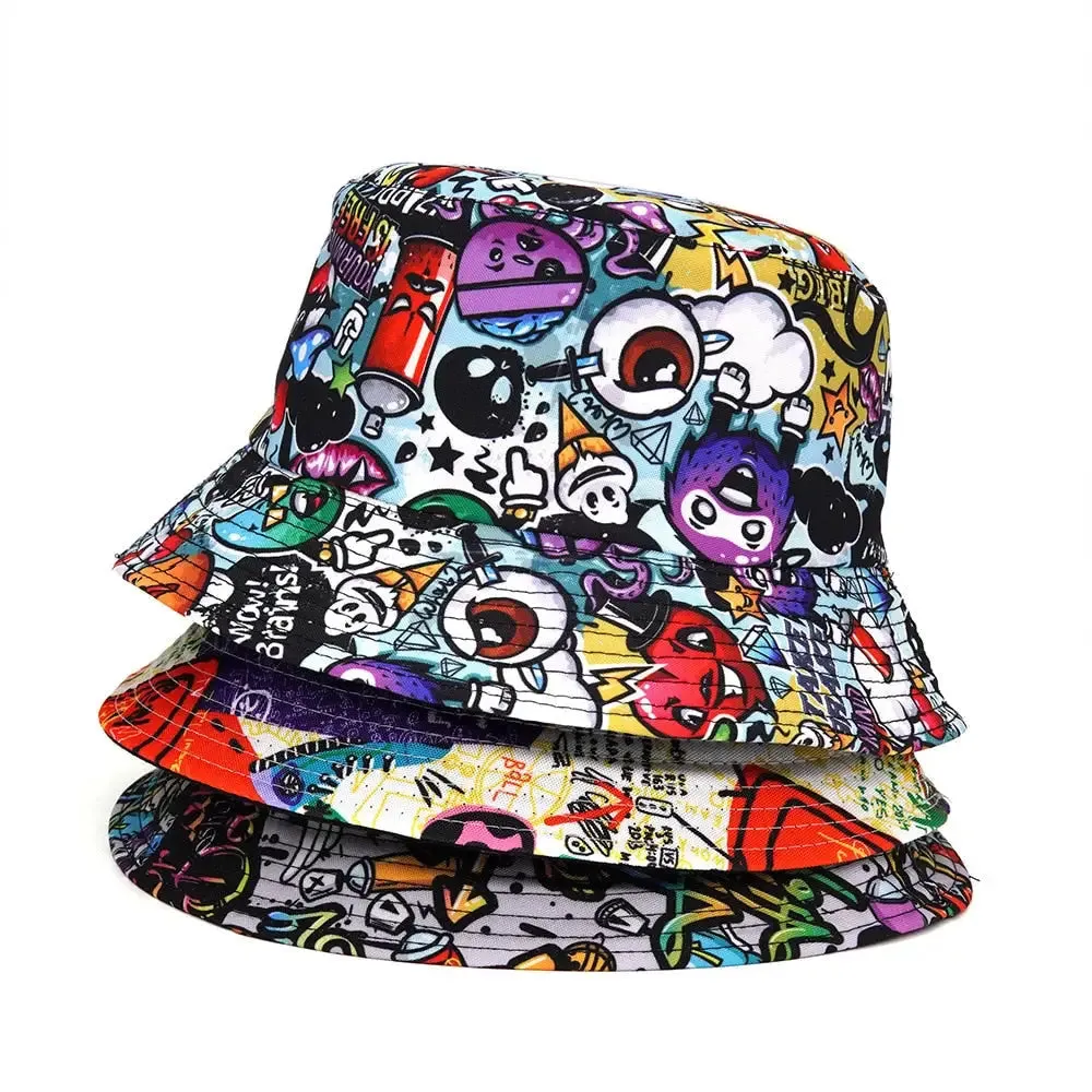 Y2K Cartoon Pattern Hip Hop Bucket Hat in Polyester and Cotton