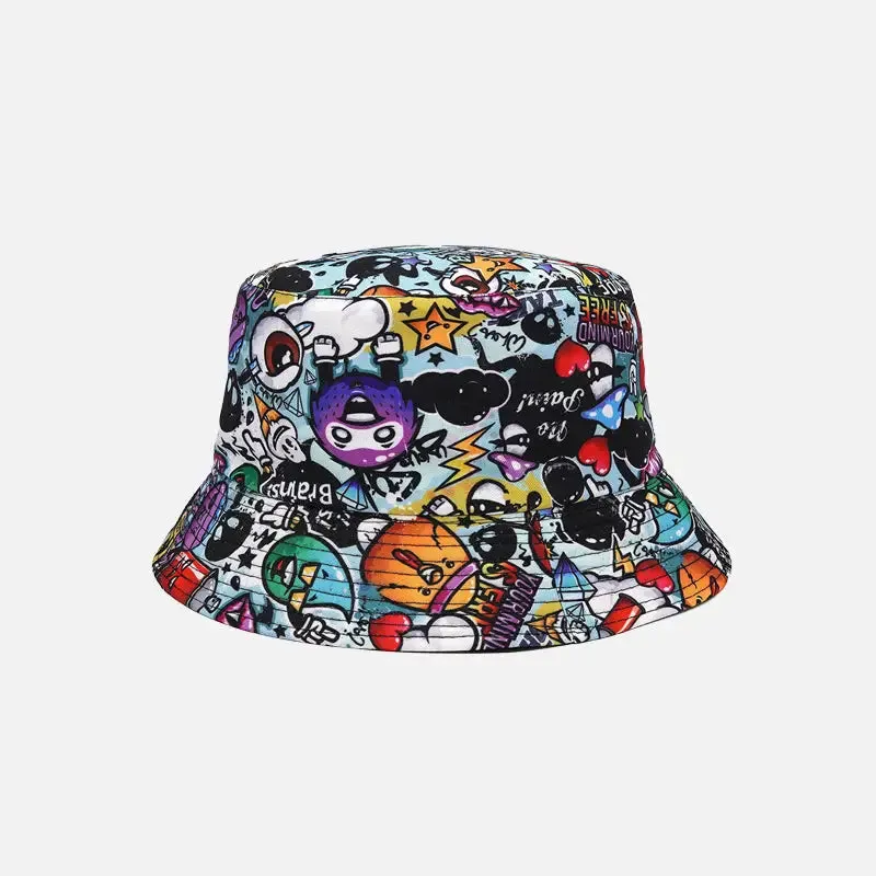Y2K Cartoon Pattern Hip Hop Bucket Hat in Polyester and Cotton