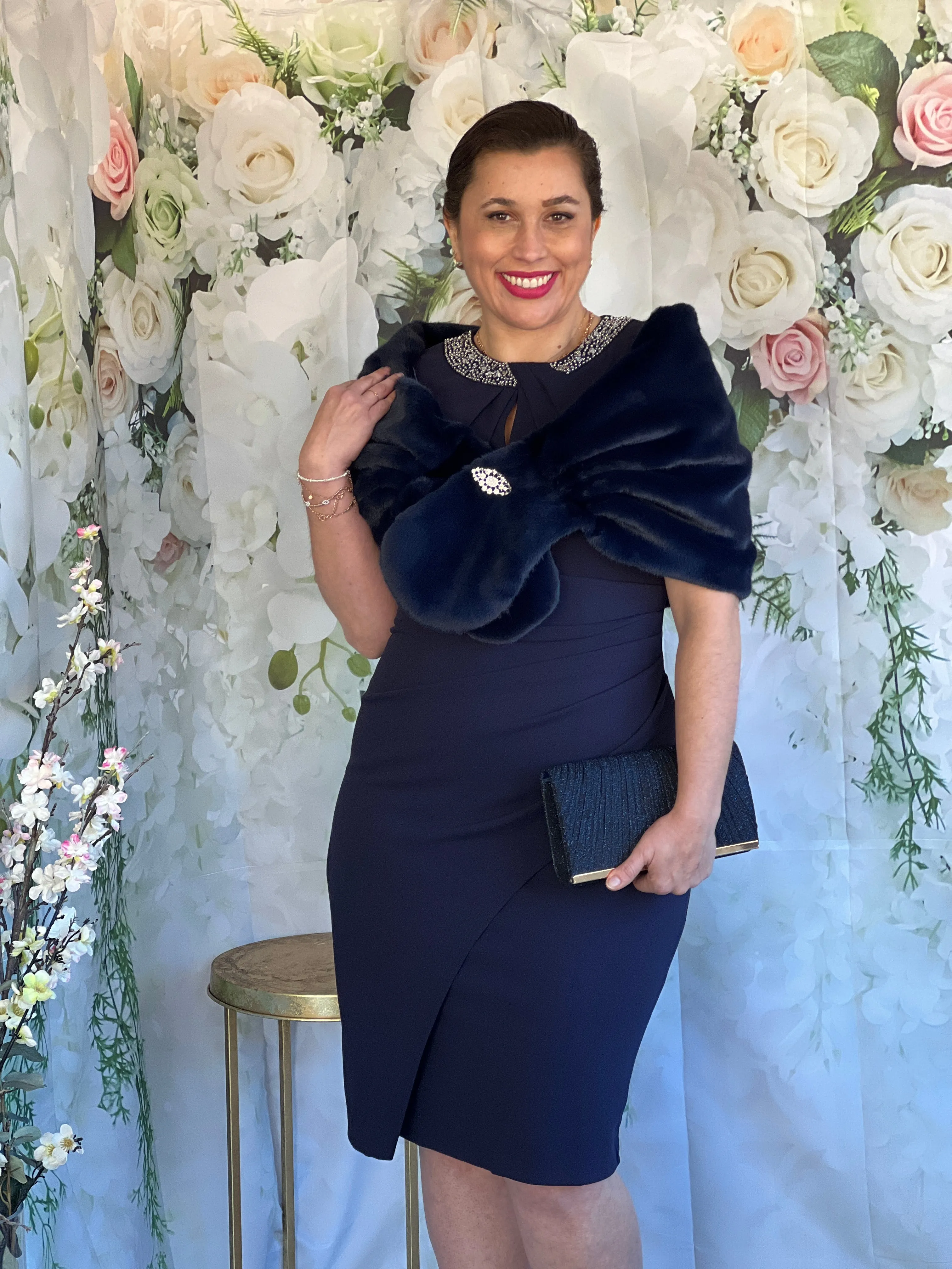 Yannis Navy Faux Fur Shawl