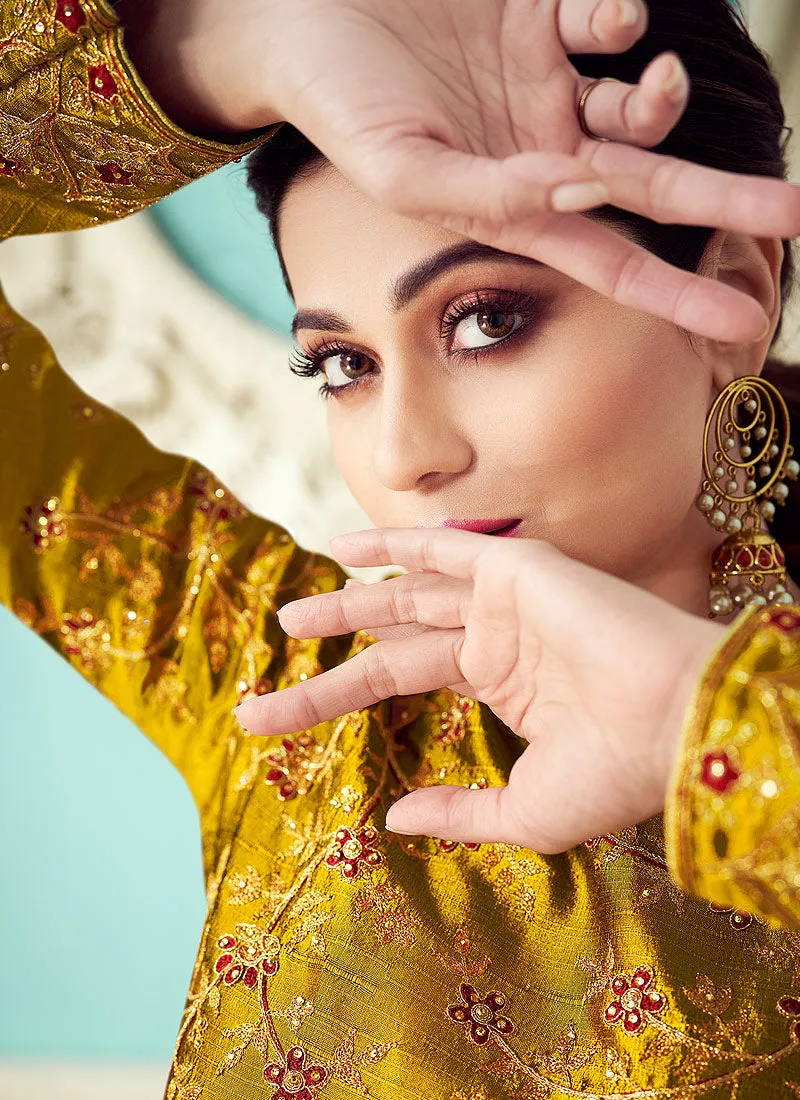 Yellow And Maroon Golden Embroidered Silk Anarkali Suit