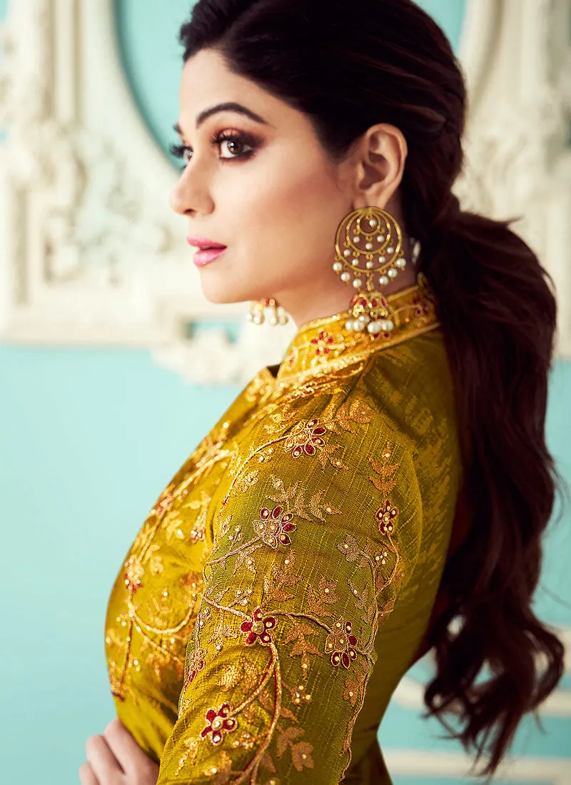 Yellow And Maroon Golden Embroidered Silk Anarkali Suit