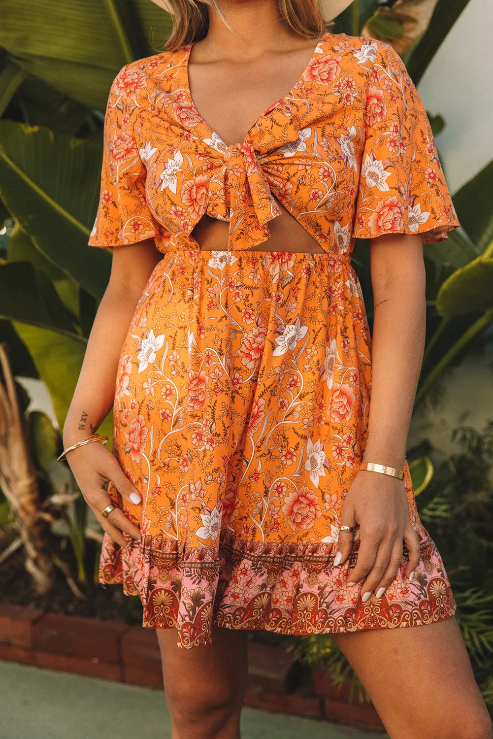 Yellow Self-tie Front Cut-out Floral Dress