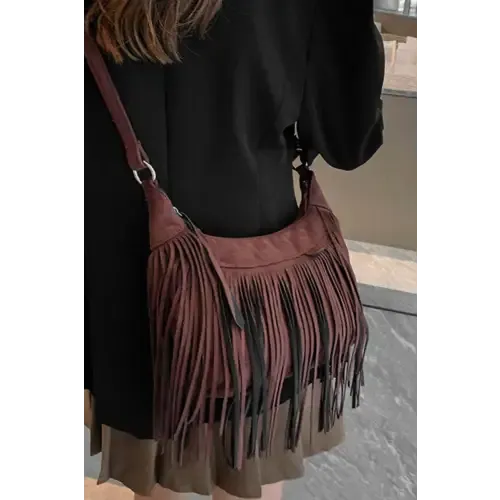 Yeppi Suede Fringe Adjustable Strap Shoulder Bag