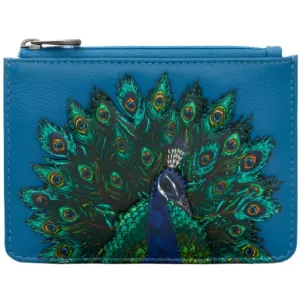 Yoshi Peacock Plume Zip Top Petrol Blue Leather Purse