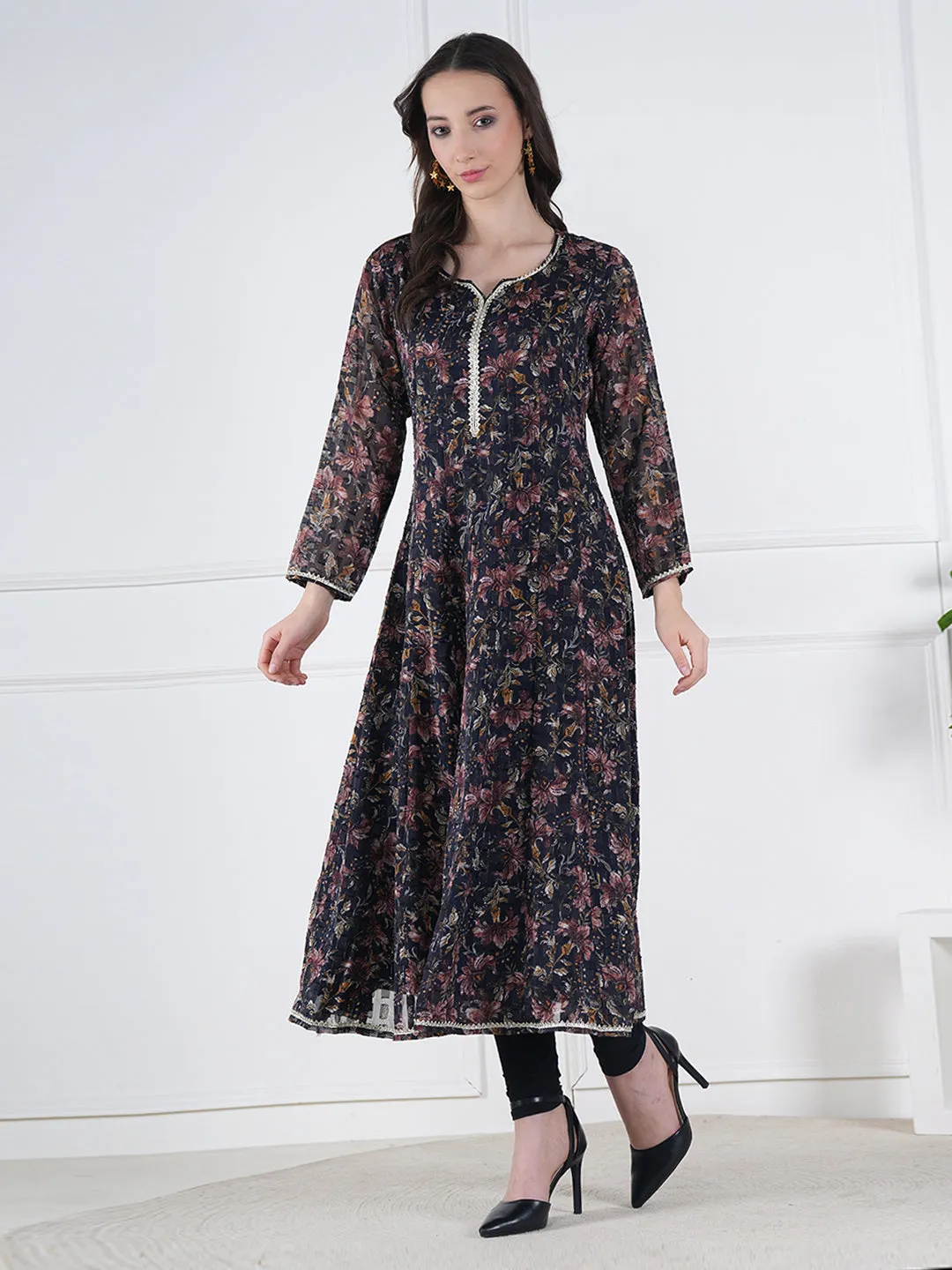 Zehra Black Floral Embroidered Georgette Kurta