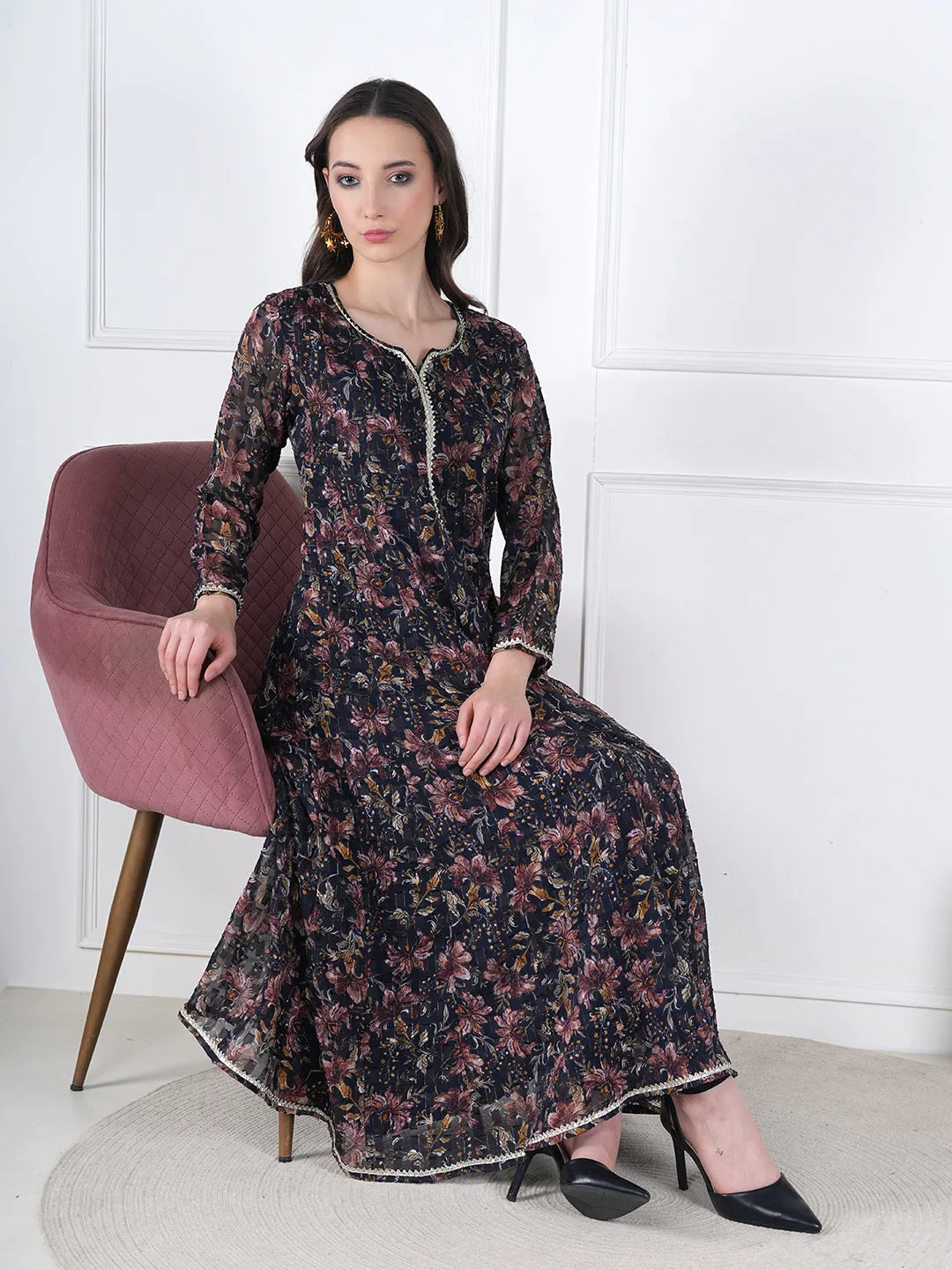 Zehra Black Floral Embroidered Georgette Kurta